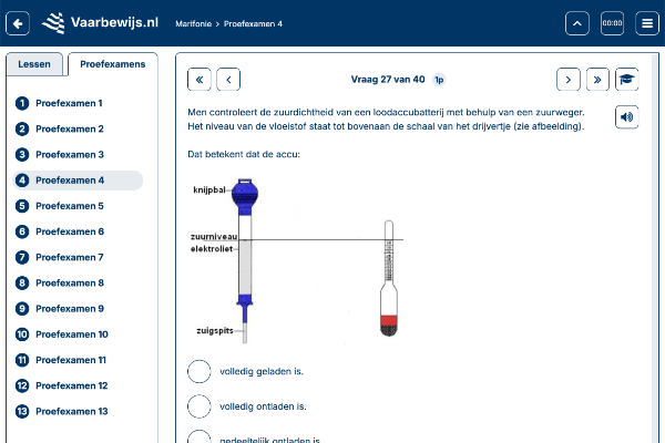 Proefexamenvraag over accu's van cursus Basiscertificaat Marifonie