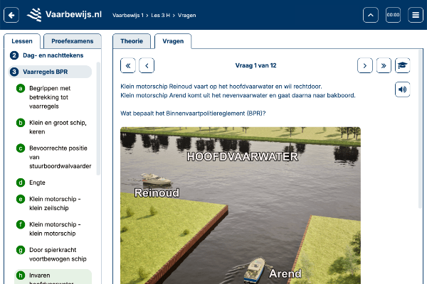 Meerkeuzevraag over vaarregels van cursus Vaarbewijs 1 om kennis te testen