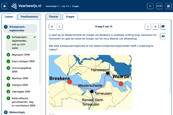 Meerkeuzevraag over scheepvaartreglementen van cursus Vaarbewijs 2 om kennis te testen