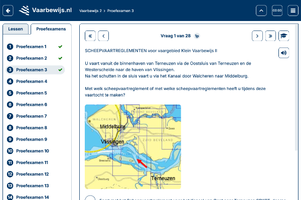 Proefexamenvraag over scheepvaartreglementen van cursus Vaarbewijs 2